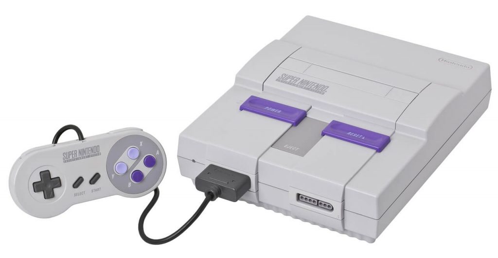 A classic Super Nintendo gaming console with its distinctive purple design and iconic buttons. 